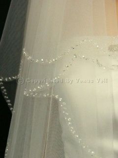2T Ivory Bridal Fingertip Length Scallop Beaded Wedding Veil