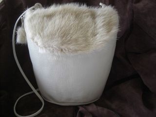 HANDBAG LEATHER LIGHT BEIGE WITH HAND CRAFTED REAL MINK ON PURSE LIGHT 