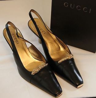 Tom Ford Black Gucci Shoes with Gold Lion Hardware and Cap Toe   Size 