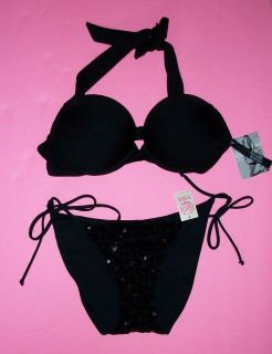 NWT Victoria Secret Miraculous Bombshell Black Sequin Swimsuit Bikini 