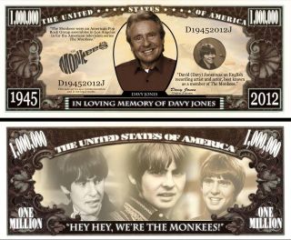   David Davy Jones Million Dollar Bill you get 3 for $1.75 Dolenz Tork