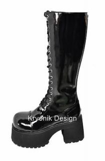 Demonia Ranger 302 goth gothic punk black patent platform knee boots 