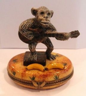 Vintage Limoges Monkey Playing Guitar Trinket Box