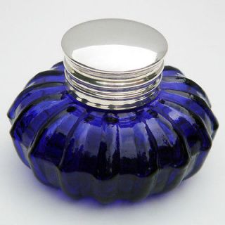 antique silver cobalt blue glass inkwell desk ink well time