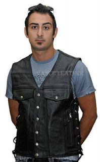 NEW Black Leather Mens Vest Vance Gun Concealment Pockets Denim Style 
