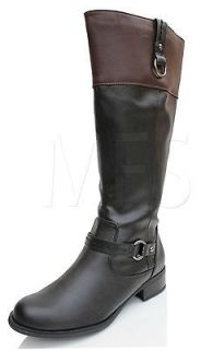 black two tone faux leather knee high riding flat boots