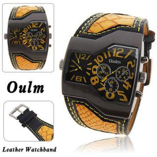 Top Brand Oulm Military Mens Watch with Dual Movt Dial Leather Band