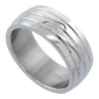 Mens Stainless Steel Wedding Band Ring 8mm Triple Groove Domed Size 