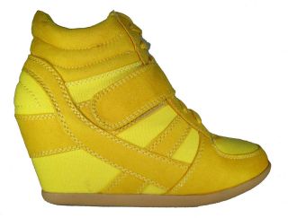 Wild Diva Women Velcro Sneaker Wedge High Top Lace Up Yellow Suede 