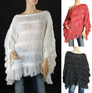 Ladies Wool Knitting Kimono Fringe Fluffy Soft Hooded Sweater Blouse S 