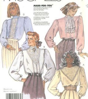 Vintage 80s Misses Blouse Sewing Pattern Lace Jabot Ruffles Button 