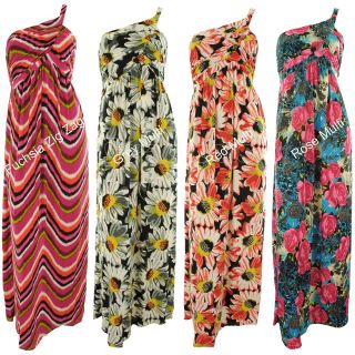   Womens Floral / ZigZag Print Boobtube Bandeau One Shoulder Maxi Dress