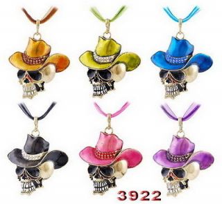 cowboy hat Skull Pendant Necklace Antique Bronze Plated Inlay Czech 