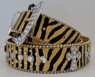 Zebra Stripe 80s Gold Cross Studded Western Style Rhinestone Leather 