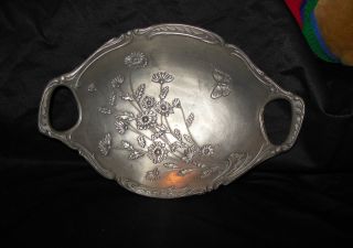 Vintage FRIELING ZINN Pewter Bowl Handles Floral Butterfly GERMANY 