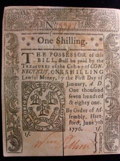 1776 COLONIAL CURRENCY Antique Connecticut One Shilling Very Nice 