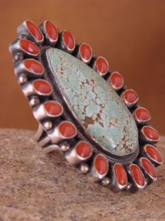  Indian Sterling Silver Turquoise & Coral Ring by Kirk Smith! Size 5.5