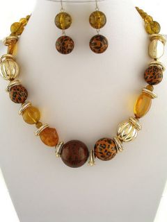 Trendy Chunky Brown, Amber & Gold Beaded Necklace and Earrings 