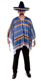 Adults Mens Mexican Cowboy Spainish Striped Blue Poncho Fancy Dress 