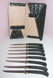 Vintage Set 8 Steak Knife Wilshire Carved Plastic
