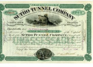 1880 NV Sutro Tunnel Stock Certificate