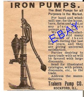 RARE Old 1889 Trahern Iron Water Well Pump Ad Rockford
