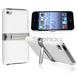 FOR IPOD TOUCH 4 4G 4TH GEN WHITE RUBBER CASE W CHROME STAND
