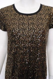 DKNY Womens Gold Sequin Short Sleeve Tee Top L $145 New