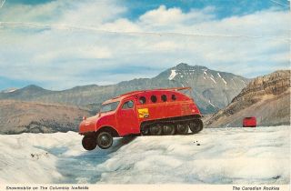 Old Postcard Bright Red Snowmobile Columbia Icefields