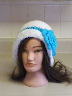 New Crochet Cloche Flapper Chemo Beanie 1920s Hat With Flower Blue And 
