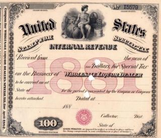 1881 Bar $100 Moonshine Whiskey Still USA Document IRS History Special 