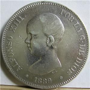 Spain Alfonso XIII 1889 Large Silver 5 Pesetas REDUCED