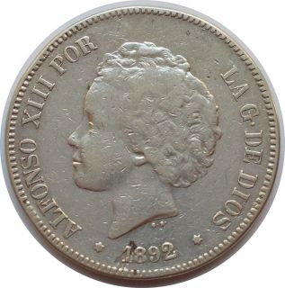 Spain Alfonso XIII 5 Pesetas 1892 92 PG M Silver Coin VF