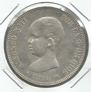 Spain Philippines 1891 Alfonso XIII 5 Pesetas AU UNC