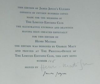 Ulysses 1935 Signed by James Joyce and Henri Matisse