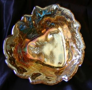 Amber Gold Iridescent Carnival Glass Candy Dish with Grape Motif 