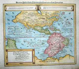   ) Münster (Petri) ORTELIUS NEW WORLD Map AMERICA Woodcut of 1570 Map
