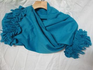 New Amicale Pure 100 Cashmere Aqua Blue scarf Ruffles Shirring Flower 