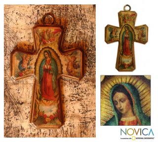 Guadalupe Hand Made Decoupage Cross Wall Decor Mexico