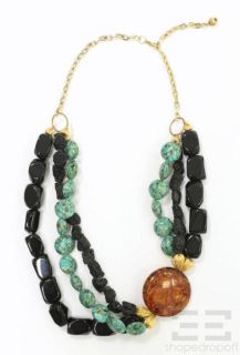   Black Gemstone Turquoise Large Amber Colored Pendant Necklace