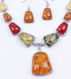 Unique Ladys Silver Plated Amber Necklace&Earrings Jewelry Set