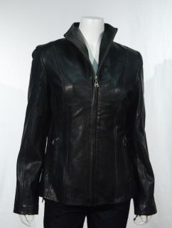 NWT Andrew MARC New York Womens Black Leather Jacket Lambskin Zip Up 