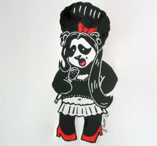 Amy Winehouse Panda Linocut Hand Coloured