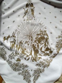 Vintage Christmas Tablecloth Nativity Scene Angels