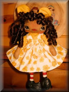 Primitive Raggedy Ann Cloth Doll Julie G Yellow Flowers Buttons 