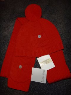 Annabel Ingall Australia NWT Red Merino wool pompom HAT & SCARF set w 
