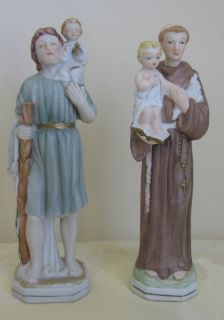 Saint Anthony & Christopher Porcelain Religious Statue set Catholic ST 