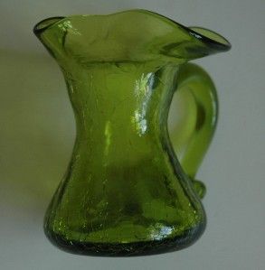 Vintage Blenko Green Crackle Glass Pitcher Ruffle Top