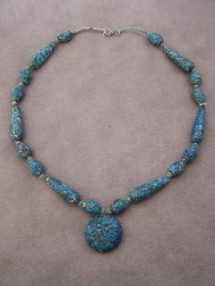   Antique Crushed Turquoise Mosaic Necklace Earrings Jewelry Set