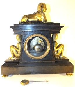 Antique Mantel Clock Black Slate Egyptian Figure Gilt Bronze Marble 